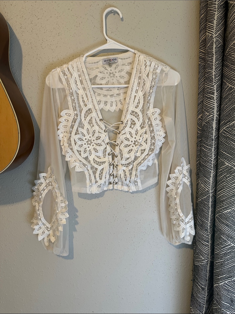 Fashion Nova White Sheer Lace-Up Embroidered Crop Blouse